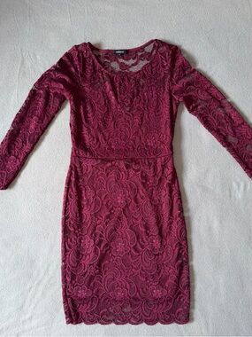 Ambiance Burgundy Long-Sleeve Lace Sheath Dress
